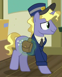 Size: 328x401 | Tagged: safe, screencap, character:ponet, species:pony, species:unicorn, episode:between dark and dawn, g4, my little pony: friendship is magic, clothing, cropped, hat, jacket, mailbag, mailpony, male, necktie, shirt, solo, stallion