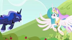 Size: 1920x1080 | Tagged: safe, screencap, character:princess celestia, character:princess luna, species:alicorn, species:pony, episode:between dark and dawn, g4, my little pony: friendship is magic, apple tree, crown, duo, ethereal mane, eyeliner, eyes closed, female, flowing mane, flying, happy, hoof shoes, jewelry, makeup, open mouth, regalia, royal sisters, siblings, sisters, smiling, spread wings, sweet apple acres, tree, wings