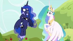 Size: 1920x1080 | Tagged: safe, screencap, character:princess celestia, character:princess luna, species:alicorn, species:pony, episode:between dark and dawn, g4, my little pony: friendship is magic, duo, ethereal mane, female, flying, galaxy mane, grin, mare, royal sisters, siblings, sisters, smiling
