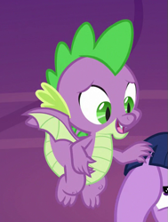 Size: 403x532 | Tagged: safe, screencap, character:spike, character:twilight sparkle, character:twilight sparkle (alicorn), species:alicorn, species:dragon, species:pony, episode:between dark and dawn, g4, my little pony: friendship is magic, claws, comforting, cropped, flying, male, offscreen character, spread wings, toes, winged spike, wings