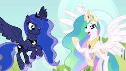 Size: 1920x1080 | Tagged: safe, screencap, character:princess celestia, character:princess luna, species:alicorn, species:pony, episode:between dark and dawn, g4, my little pony: friendship is magic, beautiful, chestplate, crown, cute, duo, ethereal mane, eyeliner, female, flowing mane, flowing tail, flying, galaxy mane, hoof shoes, jewelry, lidded eyes, looking down, lunabetes, makeup, mare, multicolored hair, peytral, raised hoof, regalia, royal sisters, siblings, sisters, smiling, spread wings, starry tail, sweet apple acres, talking, wings