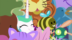 Size: 1280x720 | Tagged: safe, screencap, character:princess celestia, species:alicorn, species:pony, episode:between dark and dawn, g4, my little pony: friendship is magic, cute, cutelestia, eyes closed, female, manehattan, mare, plushie, toy