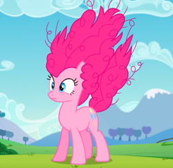 Size: 540x526 | Tagged: safe, screencap, character:pinkie pie, species:earth pony, species:pony, episode:the mane attraction, g4, my little pony: friendship is magic, alternate hairstyle, cropped, female, frizzy hair, mare, solo