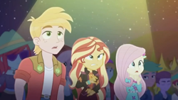 Size: 1280x720 | Tagged: safe, screencap, character:big mcintosh, character:fluttershy, character:sunset shimmer, episode:the last drop, g4, my little pony:equestria girls, background human, clothing, fry lilac, hunter hedge, male, night, night sky, raspberry lilac, shocked, sky, spotlight