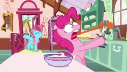 Size: 1920x1080 | Tagged: safe, screencap, character:cup cake, character:pinkie pie, species:earth pony, species:pony, episode:between dark and dawn, g4, my little pony: friendship is magic, duo, faec, female, kitchen, long tongue, mare, ouch, pain, stuck, sugarcube corner, tongue out, whisk