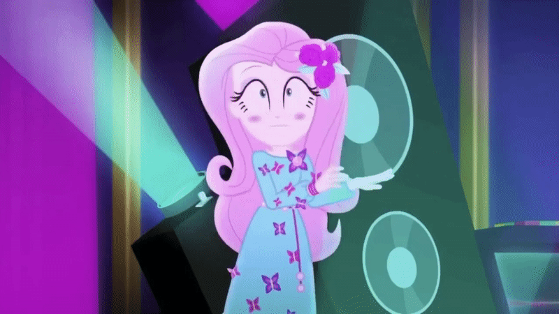 Size: 800x450 | Tagged: safe, screencap, character:fluttershy, episode:the last drop, g4, my little pony:equestria girls, :|, animated, blushing, clothing, cute, dancing, dress, female, flower, flower in hair, geode of fauna, gif, light, magical geodes, nervous, shyabetes, solo, speaker, stage, stage fright, the last drop: fluttershy, wide eyes