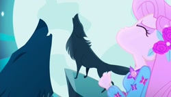 Size: 1883x1080 | Tagged: safe, screencap, character:fluttershy, species:wolf, episode:the last drop, g4, my little pony:equestria girls, clothing, howling, three wolf moon