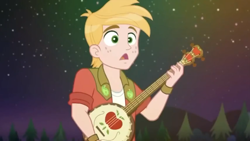 Size: 1280x720 | Tagged: safe, screencap, character:big mcintosh, episode:the last drop, g4, my little pony:equestria girls, banjo, clothing, freckles, macabetes, musical instrument, night, night sky, sky, the last drop: big macintosh