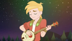 Size: 1280x720 | Tagged: safe, screencap, character:big mcintosh, episode:the last drop, g4, my little pony:equestria girls, banjo, eyes closed, male, musical instrument, smiling, the last drop: big macintosh