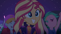 Size: 1908x1080 | Tagged: safe, screencap, character:aqua blossom, character:sunset shimmer, episode:the last drop, g4, my little pony:equestria girls, background human, cute, female, fry lilac, glowstick, happy, lemon zack, male, night, night sky, nose in the air, outdoors, shimmerbetes, sky, smiling
