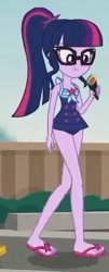 Size: 140x346 | Tagged: safe, screencap, character:twilight sparkle, character:twilight sparkle (scitwi), species:eqg human, episode:x marks the spot, g4, my little pony:equestria girls, clothing, cropped, feet, flip-flops, food, solo, sushi, swimsuit