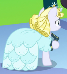 Size: 365x400 | Tagged: safe, screencap, species:pony, species:unicorn, episode:between dark and dawn, g4, my little pony: friendship is magic, book, clothing, cropped, dress, female, glinda, glinda (character), mare, ringlets, solo, wicked