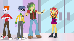 Size: 1280x720 | Tagged: safe, screencap, character:heath burns, character:microchips, character:sandalwood, character:sunset shimmer, episode:a fine line, g4, my little pony:equestria girls, boots, canterlot mall, clothing, converse, female, geode of empathy, glasses, heath burns, high heel boots, jacket, legs, magical geodes, male, miniskirt, pants, shoes, skirt, sneakers