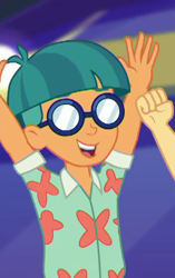 Size: 324x517 | Tagged: safe, screencap, character:flash sentry, equestria girls:spring breakdown, g4, my little pony:equestria girls, all good (song), arms in the air, background human, clothing, cropped, doodle bug, glasses, male, offscreen character, smiling, solo focus