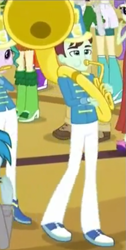 Size: 347x691 | Tagged: safe, screencap, character:cherry crash, character:indigo wreath, equestria girls:friendship games, g4, my little pony:equestria girls, background human, cherry crash, chs rally song, clothing, cropped, female, indigo wreath, male, musical instrument, pants, sousaphone, sweet leaf, tennis match, thunderbass, tuba
