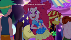 Size: 1920x1080 | Tagged: safe, screencap, character:pinkie pie, character:sunset shimmer, character:velvet sky, equestria girls:sunset's backstage pass, g4, my little pony:equestria girls, background human, discovery kids, drool, geode of sugar bombs, lemon zack, magical geodes, music festival outfit, raspberry lilac, spanish, velvet sky