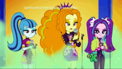 Size: 1920x1080 | Tagged: safe, screencap, character:adagio dazzle, character:aria blaze, character:sonata dusk, equestria girls:sunset's backstage pass, g4, my little pony:equestria girls, animated, clothing, contempt, discovery kids, disdain, fake smile, human scum, jacket, mic drop, microphone, sound, speciesism, spiked wristband, talking, the dazzlings, webm, wristband