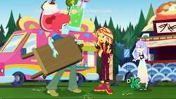 Size: 1366x768 | Tagged: safe, screencap, character:sunset shimmer, equestria girls:sunset's backstage pass, g4, my little pony:equestria girls, background human, clothing, discovery kids, easel, food truck, heartbreak, music festival outfit, oxford brush, shocked, skirt, snow flower, spanish, tank top