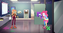 Size: 2837x1479 | Tagged: safe, screencap, character:pinkie pie, character:rarity, character:sunset shimmer, equestria girls:sunset's backstage pass, g4, my little pony:equestria girls, bathroom, facial hair, laughing, music festival outfit, shoes, sneakers