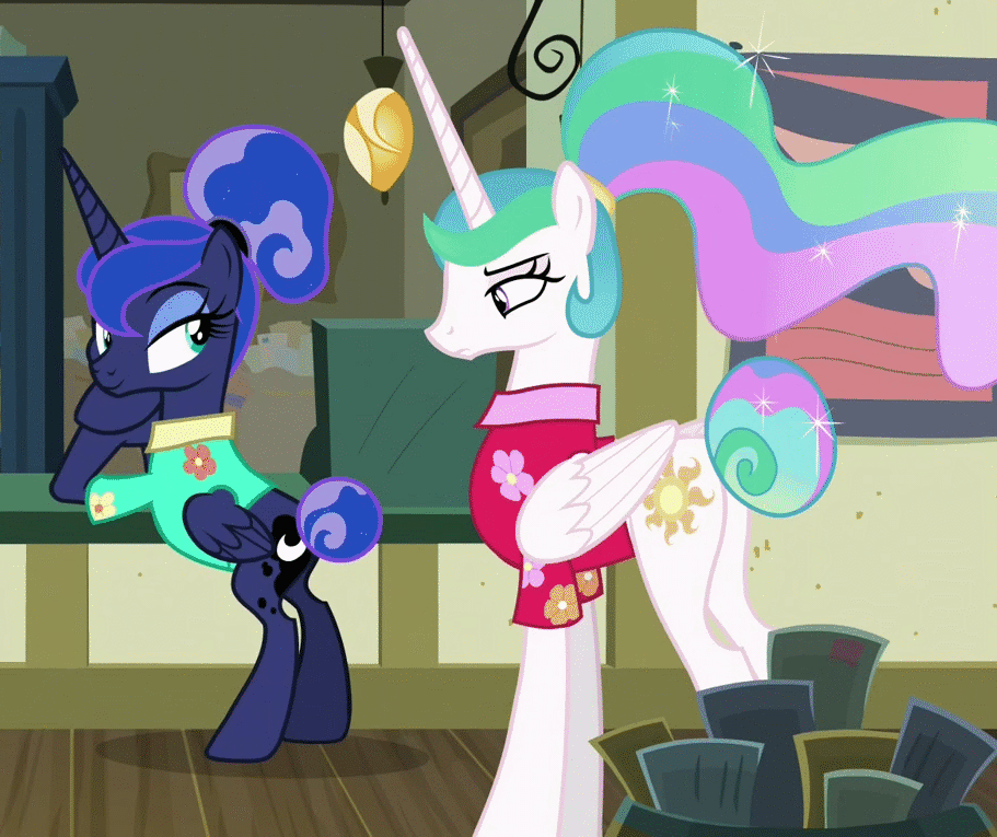 Size: 911x765 | Tagged: safe, screencap, character:princess celestia, character:princess luna, species:alicorn, species:pony, episode:between dark and dawn, g4, my little pony: friendship is magic, alternate hairstyle, animated, barehoof, clothing, cropped, female, gif, hawaiian shirt, looking at each other, mare, shirt, that pony sure does love the post office