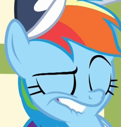 Size: 500x522 | Tagged: safe, screencap, character:rainbow dash, species:pegasus, species:pony, episode:flight to the finish, g4, my little pony: friendship is magic, season 4, clothing, cropped, dreamworks face, eyebrows, eyes closed, faec, female, hat, lip bite, mare, out of context, rainbow dash is best facemaker, solo, teeth, unf