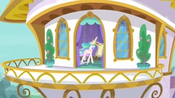 Size: 1920x1080 | Tagged: safe, screencap, character:princess celestia, species:alicorn, species:pony, episode:between dark and dawn, g4, my little pony: friendship is magic, balcony, canterlot castle, celestia's bedroom, ethereal mane, female, flowing mane, glowing horn, levitation, magic, magic aura, mare, multicolored hair, quill, quill pen, scroll, solo, telekinesis, walking