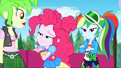 Size: 1280x720 | Tagged: safe, screencap, character:cherry crash, character:pinkie pie, character:rainbow dash, equestria girls:sunset's backstage pass, g4, my little pony:equestria girls, barrier, cherry crash, clothing, crossed arms, dress, ear piercing, earring, female, flirty, hair bun, hat, jacket, jewelry, leaning, lipstick, looking at each other, looking at someone, music festival outfit, piercing, ponytail, queue, raised eyebrow, standing