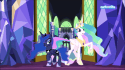 Size: 1920x1080 | Tagged: safe, screencap, character:princess celestia, character:princess luna, species:alicorn, species:pony, episode:between dark and dawn, g4, my little pony: friendship is magic, animated, cartoonito logo, faec, female, royal sisters, siblings, sisters, sound, wavy mane, webm