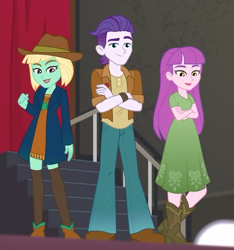 Size: 623x666 | Tagged: safe, screencap, episode:how to backstage, g4, my little pony:equestria girls, background human, clothing, cropped, crossed arms, dakota verde, dirk thistleweed, female, hat, male, pants, shoes, violet wisteria