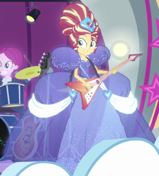 Size: 915x1010 | Tagged: safe, screencap, character:sunset shimmer, equestria girls:rollercoaster of friendship, g4, my little pony:equestria girls, clothing, cropped, dress, gown, hologram, poofy shoulders