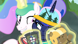 Size: 1920x1080 | Tagged: safe, screencap, character:princess celestia, character:princess luna, species:alicorn, species:pony, episode:between dark and dawn, g4, my little pony: friendship is magic, cheek squish, clothing, cute, cutelestia, female, hat, horn, horn impalement, looking at each other, luna is not amused, lunabetes, mare, royal sisters, siblings, sisters, squishy cheeks, toy, unamused