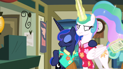 Size: 1920x1080 | Tagged: safe, screencap, character:princess celestia, character:princess luna, species:alicorn, species:pony, episode:between dark and dawn, g4, my little pony: friendship is magic, alternate hairstyle, barehoof, bipedal, cash register, celestia is not amused, clothing, cute, duo, eyeroll, eyes closed, eyeshadow, female, folded wings, hawaiian shirt, hoof on hip, makeup, mare, post office, postcard, princess celestia is not amused, royal sisters, shirt, siblings, sisters, that pony sure does love the post office, unamused, wings