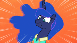 Size: 1920x1080 | Tagged: safe, screencap, character:princess luna, species:alicorn, species:pony, episode:between dark and dawn, g4, my little pony: friendship is magic, angry, clothing, ethereal mane, female, galaxy mane, luna is not amused, mare, orange background, shirt, simple background, solo, unamused