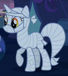 Size: 270x300 | Tagged: safe, screencap, character:lyra heartstrings, species:pony, species:unicorn, episode:luna eclipsed, g4, my little pony: friendship is magic, clothing, costume, cropped, female, mare, mummy, mummy costume, nightmare night costume, outfit catalog, raised hoof, solo