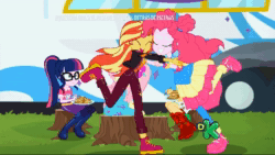 Size: 1920x1080 | Tagged: safe, screencap, character:applejack, character:fluttershy, character:pinkie pie, character:sunset shimmer, character:twilight sparkle, character:twilight sparkle (scitwi), species:eqg human, equestria girls:sunset's backstage pass, g4, my little pony:equestria girls, animated, camping, clothing, cute, festival, food, good trick, happy, loop, morning, music festival outfit, no sound, pancakes, shoes, sneakers, spinning, tree stump, webm