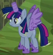 Size: 220x227 | Tagged: safe, screencap, character:derpy hooves, species:pony, episode:scare master, g4, my little pony: friendship is magic, alicorn costume, clothing, costume, cropped, fake horn, fake wings, nightmare night costume, solo, toilet paper roll horn, twilight muffins, wig