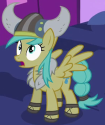 Size: 293x348 | Tagged: safe, screencap, character:sunshower raindrops, species:pegasus, species:pony, episode:luna eclipsed, g4, my little pony: friendship is magic, background pony, clothing, costume, cropped, female, helmet, horned helmet, mare, nightmare night costume, outfit catalog, solo, spread wings, viking, viking helmet, wings