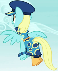 Size: 523x642 | Tagged: safe, screencap, character:sassaflash, species:pegasus, species:pony, episode:testing testing 1-2-3, g4, my little pony: friendship is magic, admiral fairy flight, background pony, clothing, costume, cropped, female, hat, mare, outfit catalog, uniform