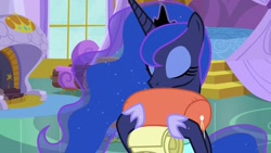 Size: 1920x1080 | Tagged: safe, screencap, character:princess luna, species:alicorn, species:pony, episode:between dark and dawn, g4, my little pony: friendship is magic, backpack, celestia's bedroom, clothing, crown, ethereal mane, eyes closed, eyeshadow, female, fireplace, flowing mane, hawaiian shirt, hoof shoes, jewelry, luggage, makeup, mare, regalia, shirt, solo