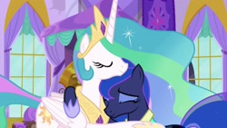 Size: 1920x1080 | Tagged: safe, screencap, character:princess celestia, character:princess luna, species:alicorn, species:pony, episode:between dark and dawn, g4, my little pony: friendship is magic, bedroom, crown, duo, eyes closed, eyeshadow, female, folded wings, hoof shoes, jewelry, makeup, mare, regalia, royal sisters, siblings, sisterly love, sisters, wings