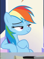 Size: 513x682 | Tagged: safe, screencap, character:rainbow dash, species:pegasus, species:pony, episode:sparkle's seven, g4, my little pony: friendship is magic, cropped, female, friendship throne, lidded eyes, mare, raised eyebrow, sitting, slouching, smiling, smirk, solo