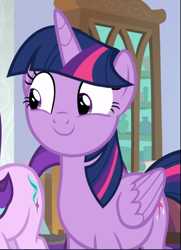 Size: 681x940 | Tagged: safe, screencap, character:starlight glimmer, character:twilight sparkle, character:twilight sparkle (alicorn), species:alicorn, species:pony, species:unicorn, episode:sparkle's seven, g4, my little pony: friendship is magic, cropped, cute, female, mare, offscreen character, smiling, solo focus, twiabetes