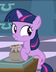 Size: 588x757 | Tagged: safe, screencap, character:twilight sparkle, character:twilight sparkle (unicorn), species:pony, species:unicorn, episode:sparkle's seven, g4, my little pony: friendship is magic, cropped, cute, female, filly, filly twilight sparkle, pottery, sitting, smiling, solo, twiabetes, younger