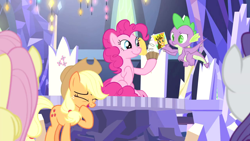 Size: 1280x720 | Tagged: safe, screencap, character:applejack, character:cheese sandwich, character:fluttershy, character:pinkie pie, character:rarity, character:spike, species:dragon, species:earth pony, species:pony, episode:the last laugh, g4, my little pony: friendship is magic, claws, cutie mark, female, male, winged spike, wings