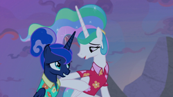 Size: 1920x1080 | Tagged: safe, screencap, character:princess celestia, character:princess luna, species:alicorn, species:pony, episode:between dark and dawn, g4, my little pony: friendship is magic, alternate hairstyle, clothing, cute, cutelestia, female, hawaiian shirt, looking at each other, lunabetes, mare, night, royal sisters, shirt, siblings, sisters