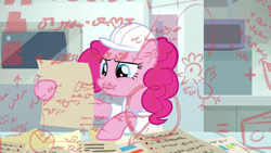 Size: 1920x1080 | Tagged: safe, screencap, character:pinkie pie, species:bird, species:chicken, species:earth pony, species:pony, episode:the last laugh, g4, my little pony: friendship is magic, arrow, cheese, female, food, formula