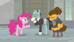 Size: 1920x1080 | Tagged: safe, screencap, character:cheese sandwich, character:pinkie pie, character:sans smirk, species:earth pony, species:pony, episode:the last laugh, g4, my little pony: friendship is magic, animated, clothing, cute, diapinkes, female, glasses, jolly buzzer, joy buzzer, male, notepad, sad, sadorable, shocked, smiling, sound, sweater, webm