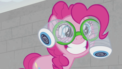 Size: 1920x1080 | Tagged: safe, screencap, character:pinkie pie, species:earth pony, species:pony, episode:the last laugh, g4, my little pony: friendship is magic, cute, female, googly eyes, grin, mare, pinkie being pinkie, random, smiling, solo, wide smile
