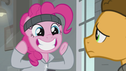 Size: 1920x1080 | Tagged: safe, screencap, character:cheese sandwich, character:pinkie pie, species:pony, episode:the last laugh, g4, my little pony: friendship is magic, cute, diapinkes, grin, smiling, sweatband, sweatshirt, toothy grin