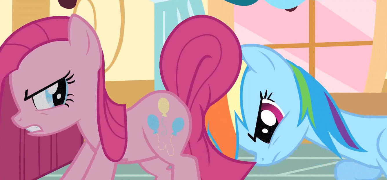 Size: 1335x620 | Tagged: safe, screencap, character:pinkamena diane pie, character:pinkie pie, character:rainbow dash, species:earth pony, species:pegasus, species:pony, episode:party of one, g4, my little pony: friendship is magic, season 1, angry, animated, butt, cute, female, gif, gritted teeth, mare, out of context, pushing, reversed, rump push